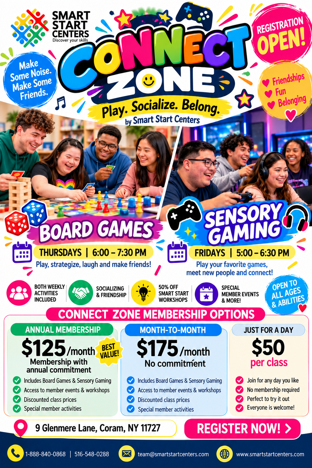 Connect Zone membership flyer: board games and sensory gaming at 9 Glenmere Lane, Coram. Annual commitment $125 per month, month-to-month $175 per month, or $50 per class.